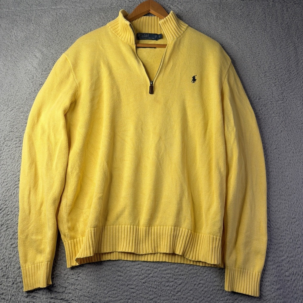 Vintage Polo Ralph Lauren Pullover Mens L Yellow Quarter Zip Fleece Sweater 90s